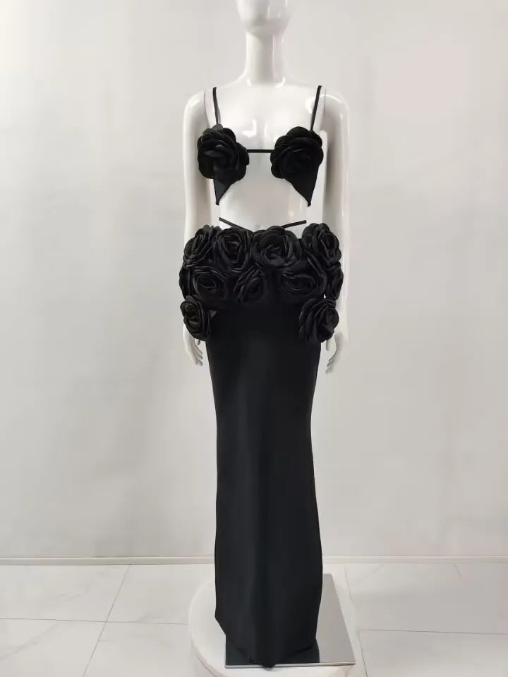 Black White Color Women Sexy Strap Florals 2 Pieces Bodycon Long Dress Celebrate Nightclub Party Bar Singer Performance Costume black