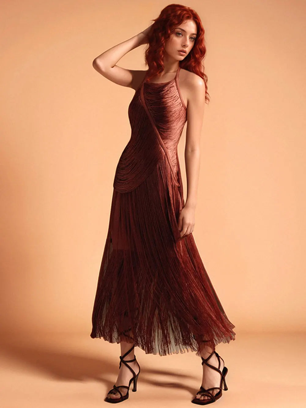 2025 Spring Sexy Women's Tassel Bandage Dress Hanging Neck Sleeveless Bodycon Backless Long Dresses Evening Club Party Vestidos