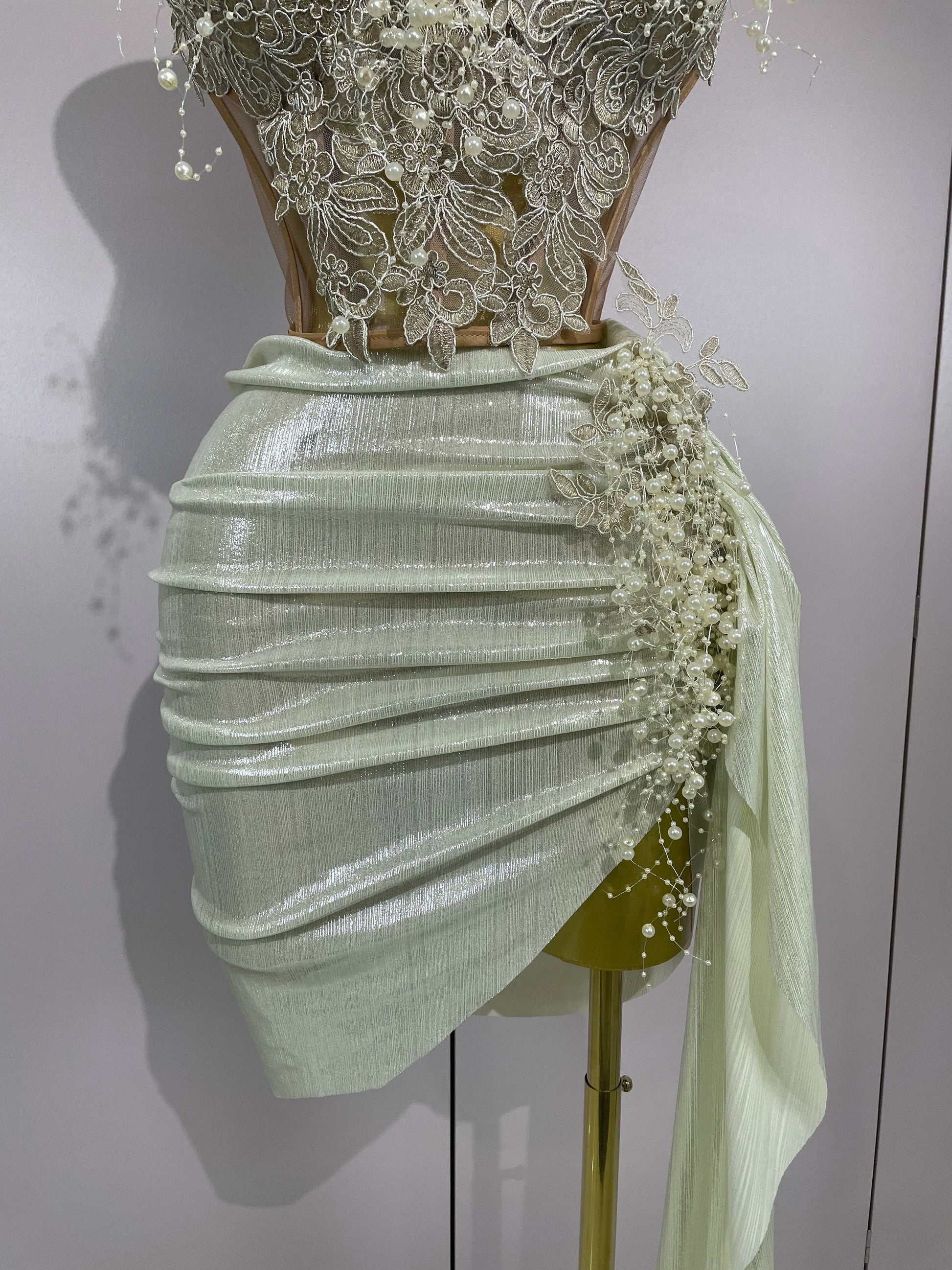 Luxury Shining Pearls Sexy Asymmetrical Skirt 2 PCS Set Women Evening Birthday Party Stage Dancer Performance Costume