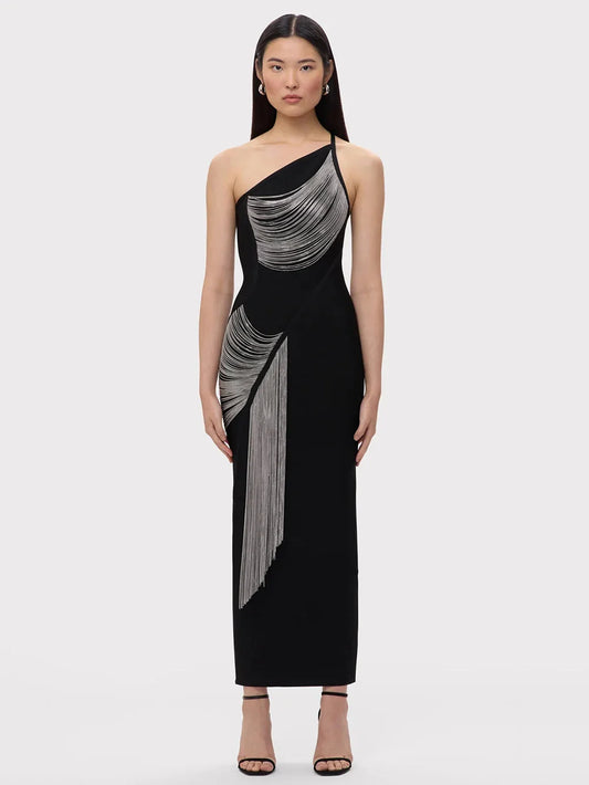 Women Sexy One shoulder Tassels Black Maxi Bodycon Bandage Dress Summer Elegant Cocktail Evening Club Party Gowns