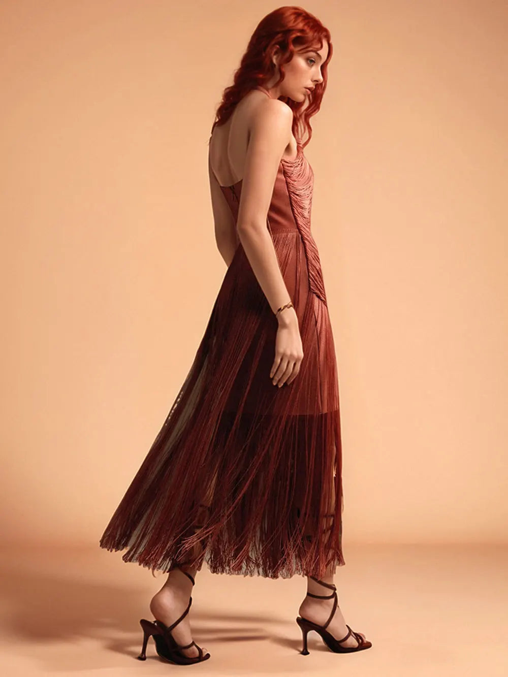 2025 Spring Sexy Women's Tassel Bandage Dress Hanging Neck Sleeveless Bodycon Backless Long Dresses Evening Club Party Vestidos