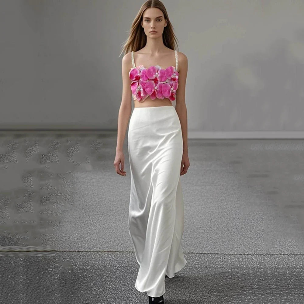 Sexy Pearl Flower Pearl Flower + Long Skirt Set Women Backless Wedding Holiday Party Lady Elegant Outfits Summer New WHITE