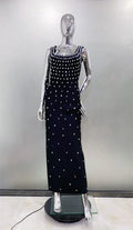 Women Sleeveless Sexy O-Neck Shinning Crystal Bodycon Bandage Long Dress Evening Party Celebrate Cocktail Outfit black