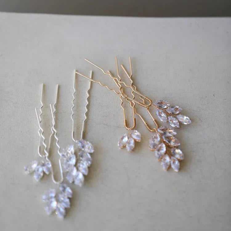 Bridal Jewelry Zircon Crystal Hair Pins Clips Leaf Hairpins For Brides Women Vintage Gold Color Head Pieces Wedding Accessories