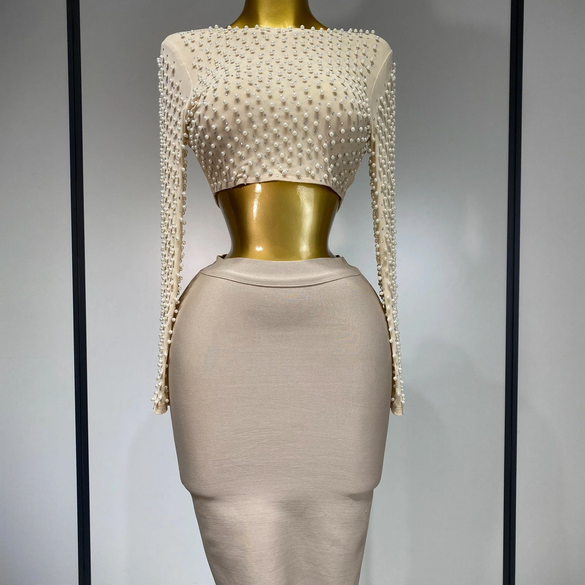 Women Sexy Long Sleeve Mesh Pearl Top Celebrity Midi Women Bandage Set Designer Evening Party Luxury Birthday Two Piece Set Beige