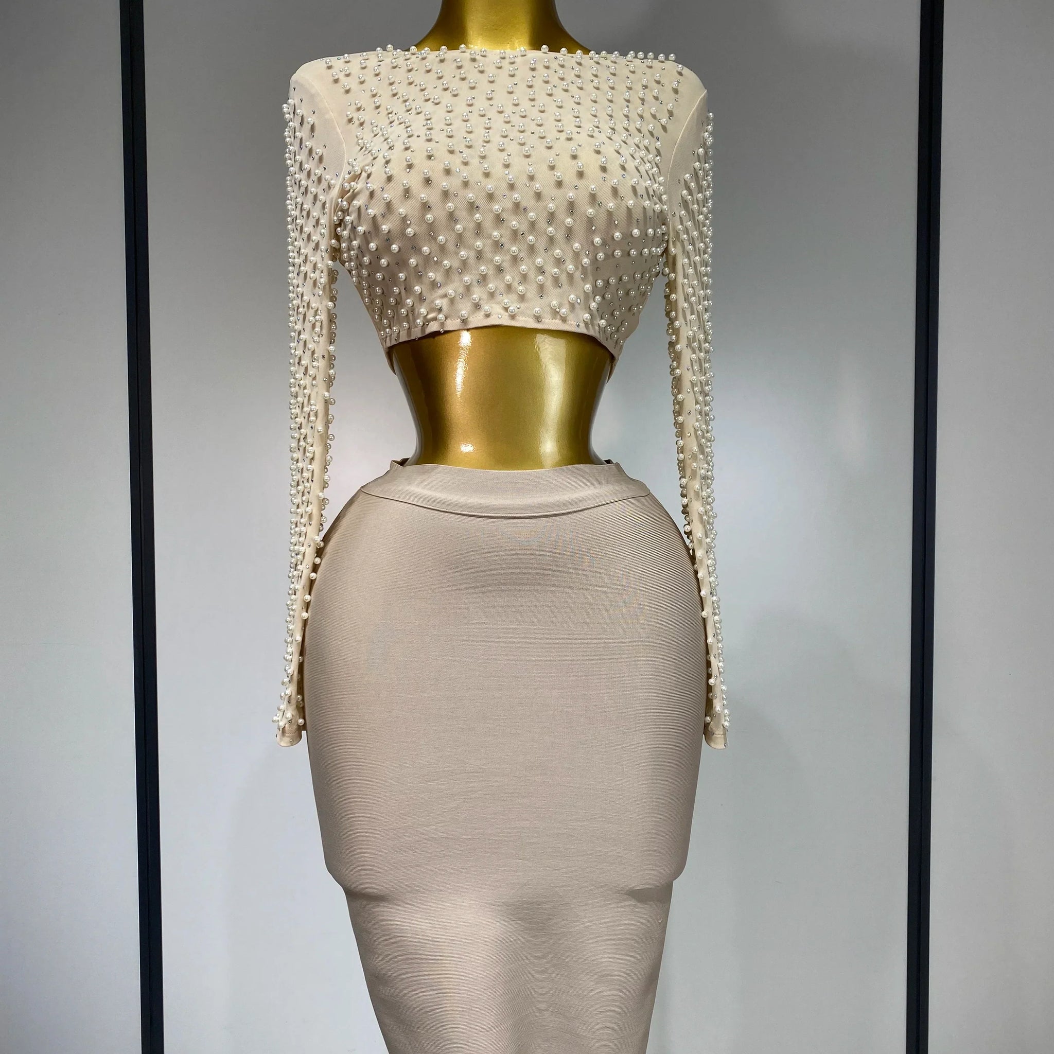 Women Sexy Long Sleeve Mesh Pearl Top Celebrity Midi Women Bandage Set Designer Evening Party Luxury Birthday Two Piece Set Beige