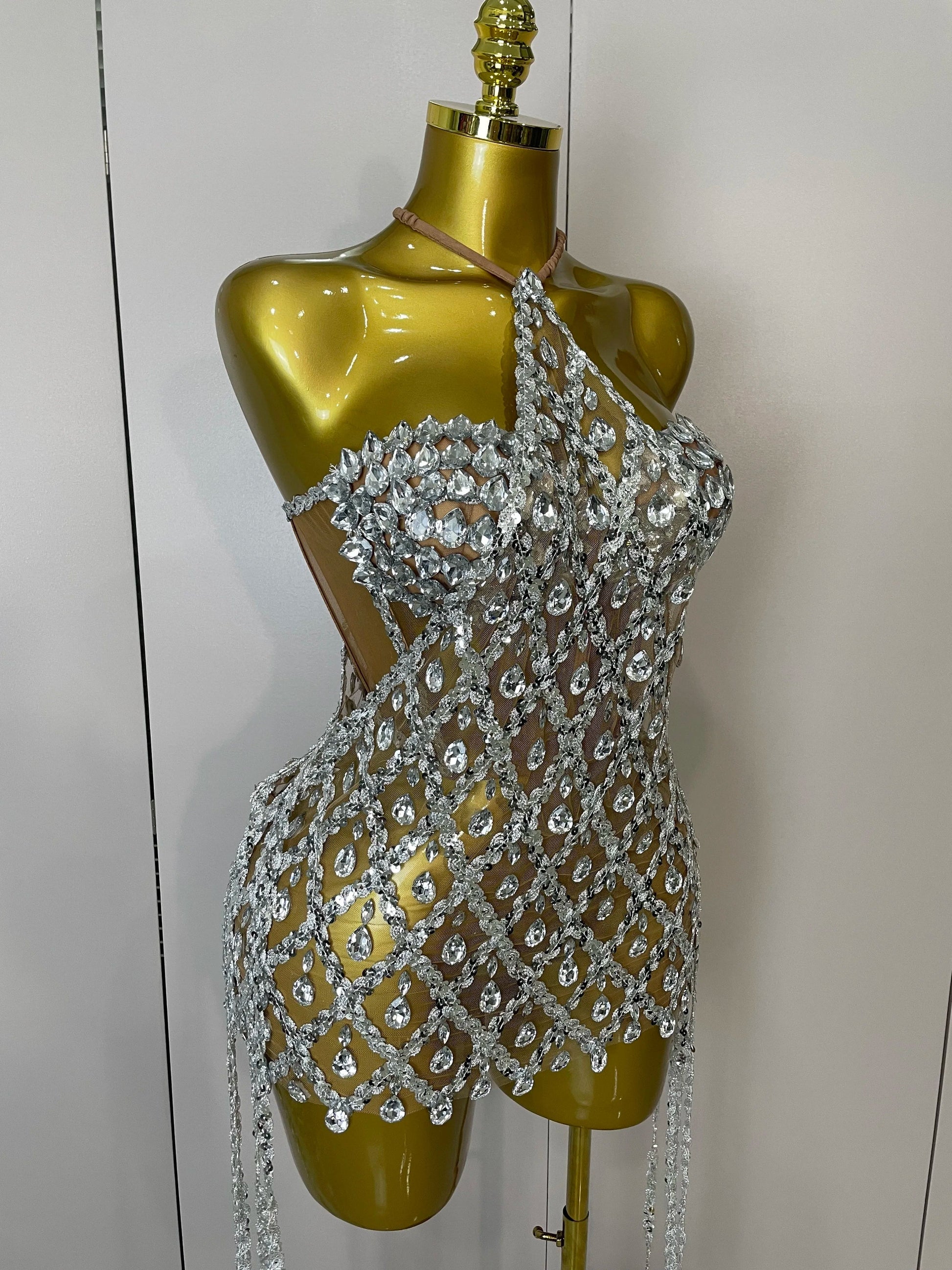 Sparkly Sequin Diamond MeshTransparent Top Dress Two Piece Set Women Sexy Evening Party Celebrate Birthday Photo Shoot Wear