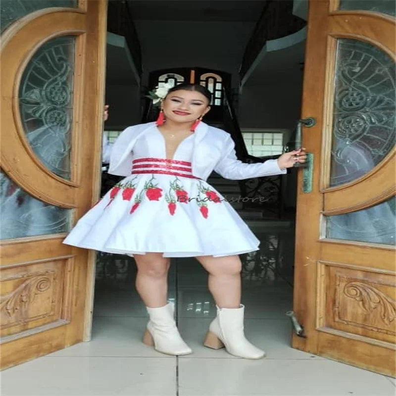 Customized Mexican Charro Quinceanera Dress With Jacket Two Pieces Short Vestio De 15 Año Para Xv Embroidery 2 in 1 Birthday