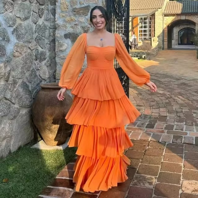 Elegant Orange A-Line Prom Dress Chiffon Strapless Tiered Ruched Floor Length Evening Dress vestido de gala