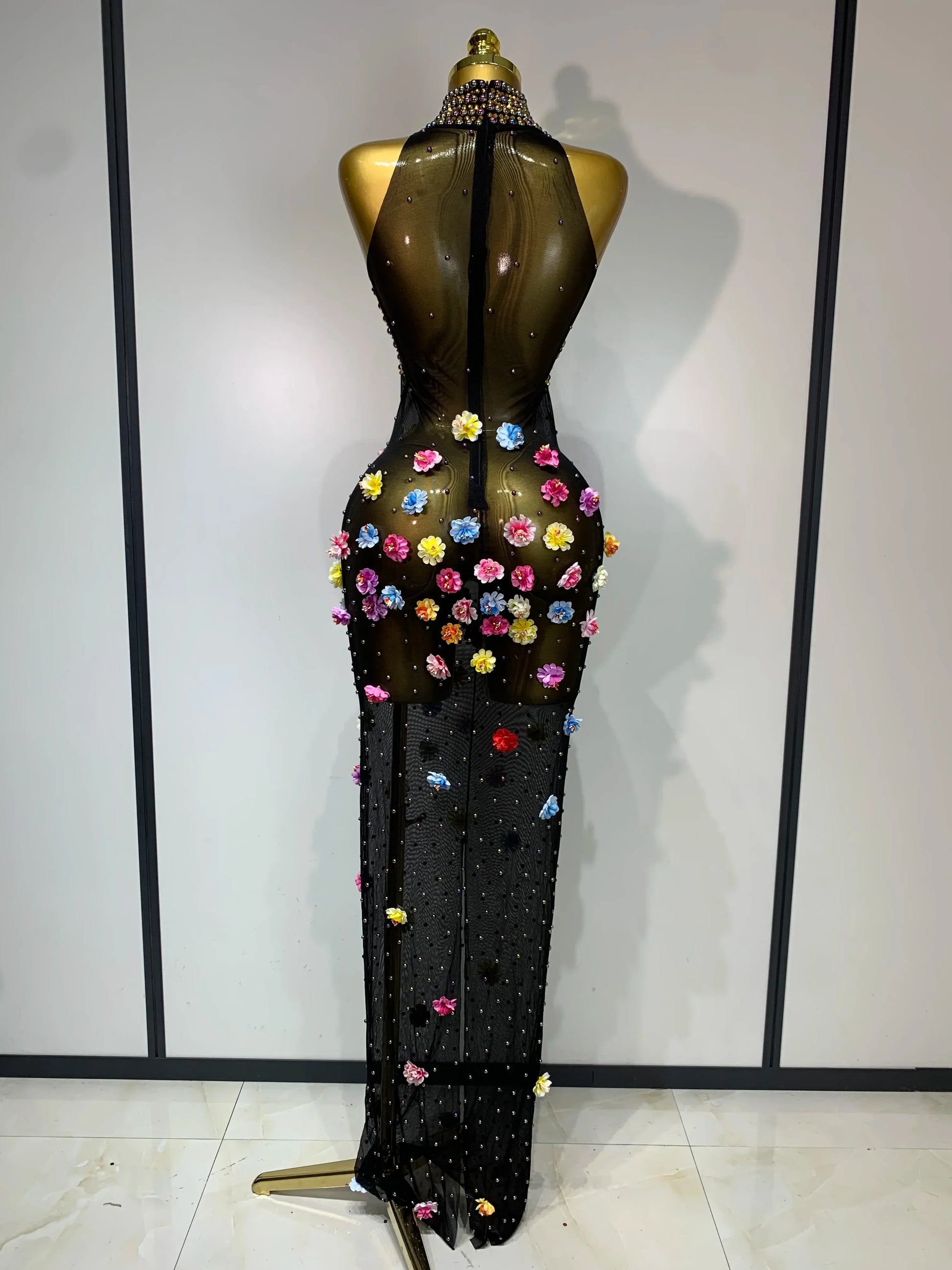 Luxury Rhinestones Flowers Sexy See Through Long Dress Elegant Evening Party Birthday Wedding Guest Dress Club Stage Outfit