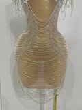 Sparkly Diamonds Crystal Sexy Mesh See Through Mini Dress Women Birthday Party Club Celebrate Stage Performance Costume