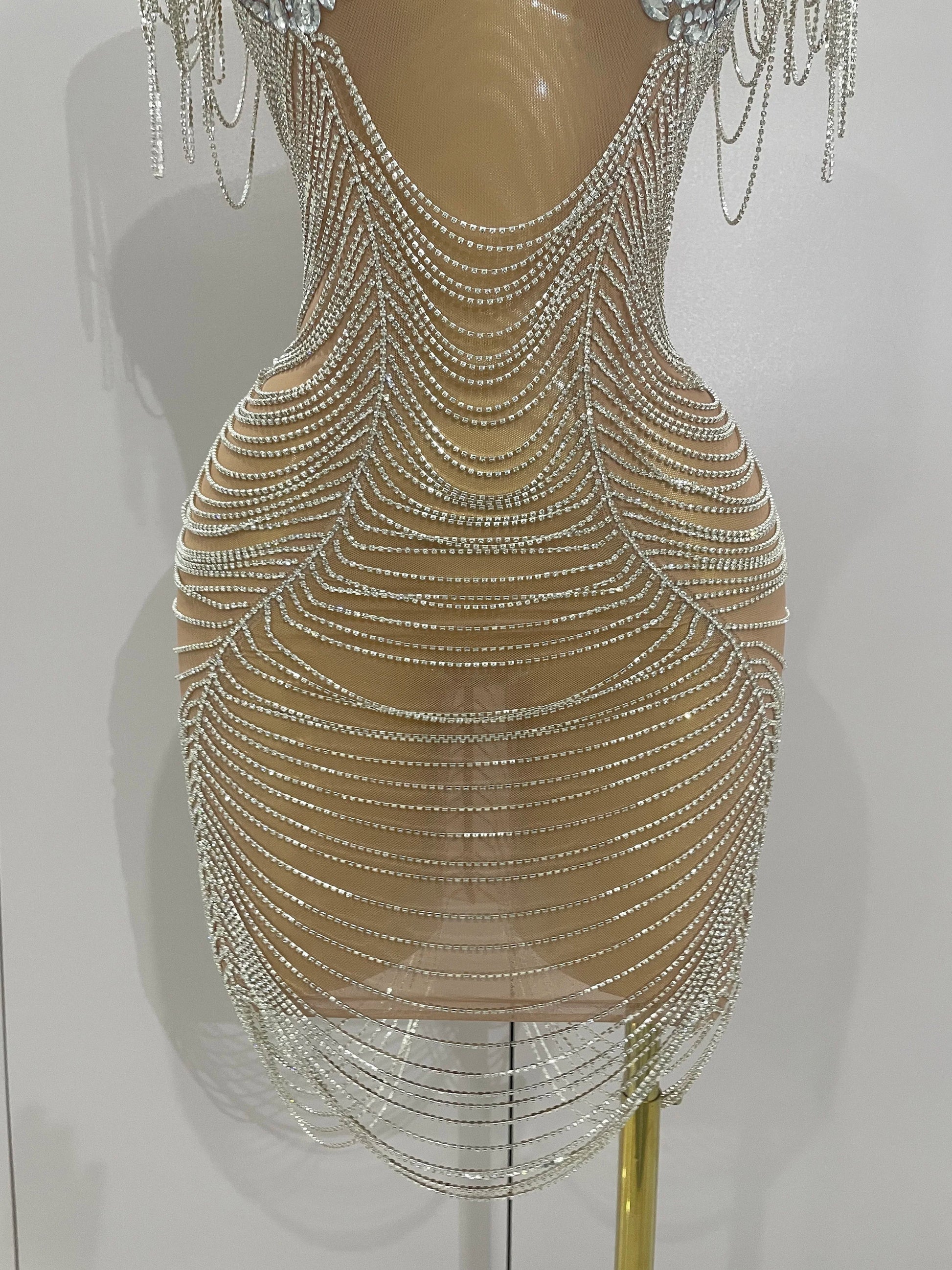 Sparkly Diamonds Crystal Sexy Mesh See Through Mini Dress Women Birthday Party Club Celebrate Stage Performance Costume