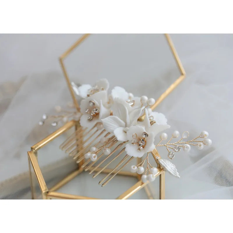 Flower Bridal Hair Comb Headpieces For Wedding Hair Accessories Pearl Bride Hairpin Hair Clips Prom Wedding Hair Piece Headdress gold 2