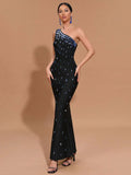 2024 Sexy Women Light Luxury Nail Bead Bandage Dress One Shoulder Slant Neck Sleeveless Bodycon Tail Dress Evening Party Vestido