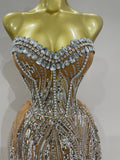 Sparkly Rhinestone Sequins Sexy Strapless See-Through Long Dress Women Evening Birthday Party Dress Nightclub Stage Costume