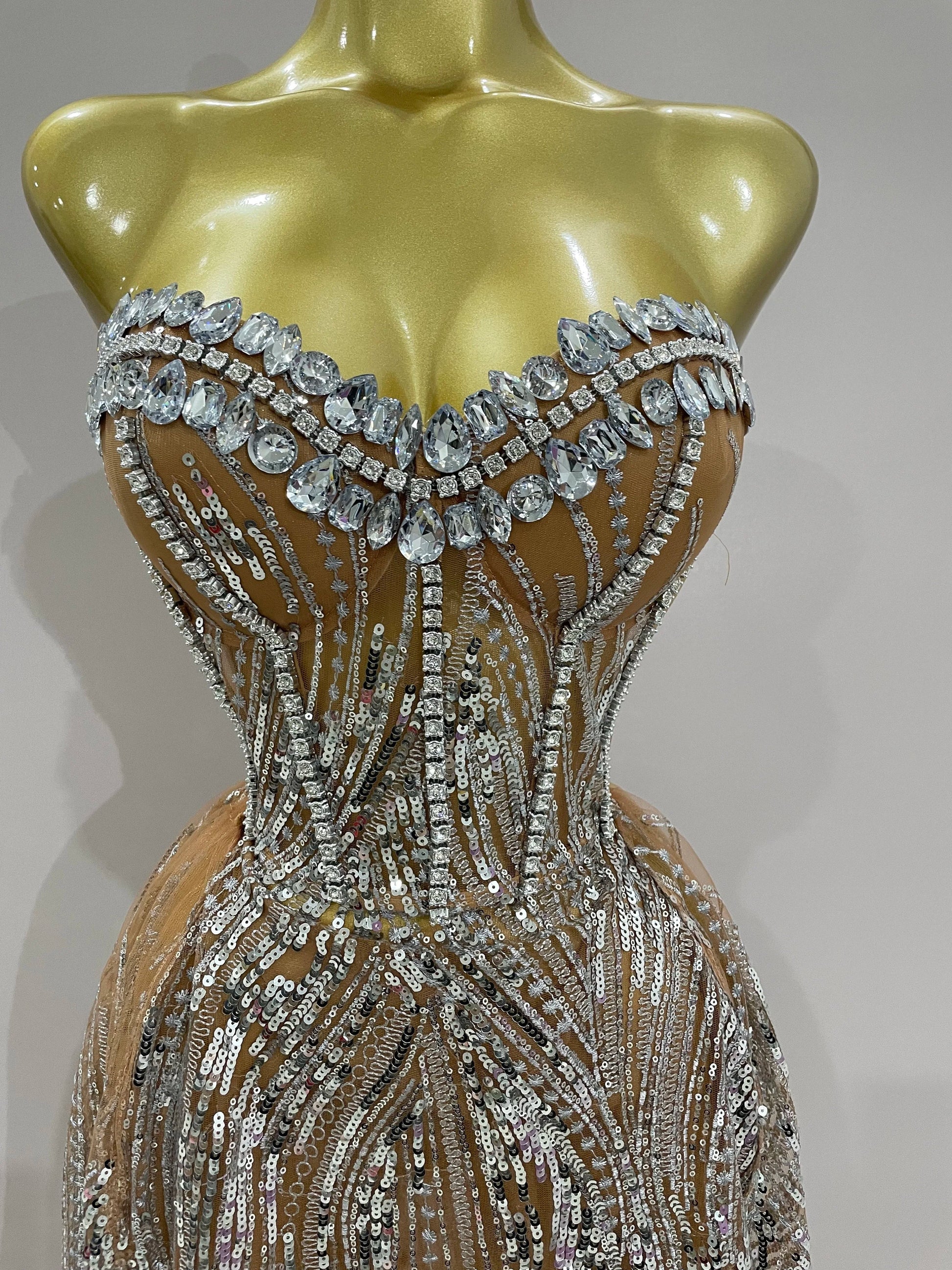 Sparkly Rhinestone Sequins Sexy Strapless See-Through Long Dress Women Evening Birthday Party Dress Nightclub Stage Costume