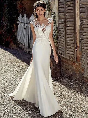 Cap Sleeve Lace Appliqué Satin Sheath Wedding Dress with Illusion Neckline Bohemian Bridal Gown Beach Vestido De Novia Ivory