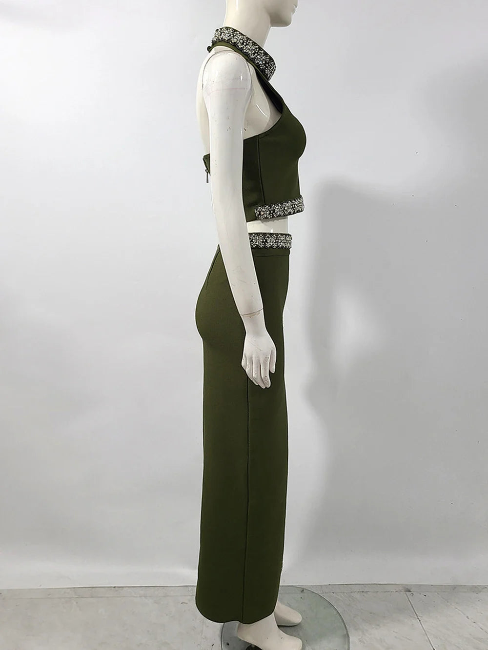 Black Army Green Bandage Two Pieces Sets Sexy Diamond Bead Halter Top Long Skirt Women Bodycon Clothing Elegant Party Sets