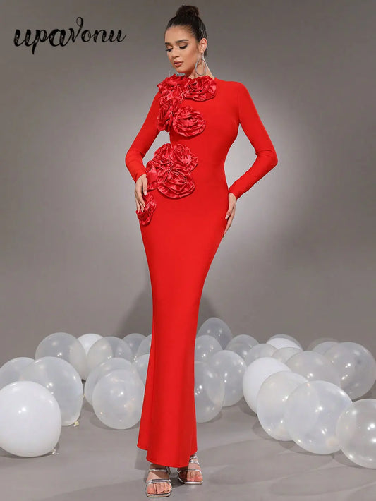 Elegant Women's 3D Flower Decorative Bandage Dress O-neck Long Sleeve Bodycon Long Dress Cocktail Evening Party Vestidos