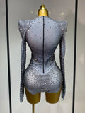 Sparkle Silver Rhinestones Stretch Bodysuits Women Luxury Birthday Evening Party Sexy Nightclub Singer Stage Costume