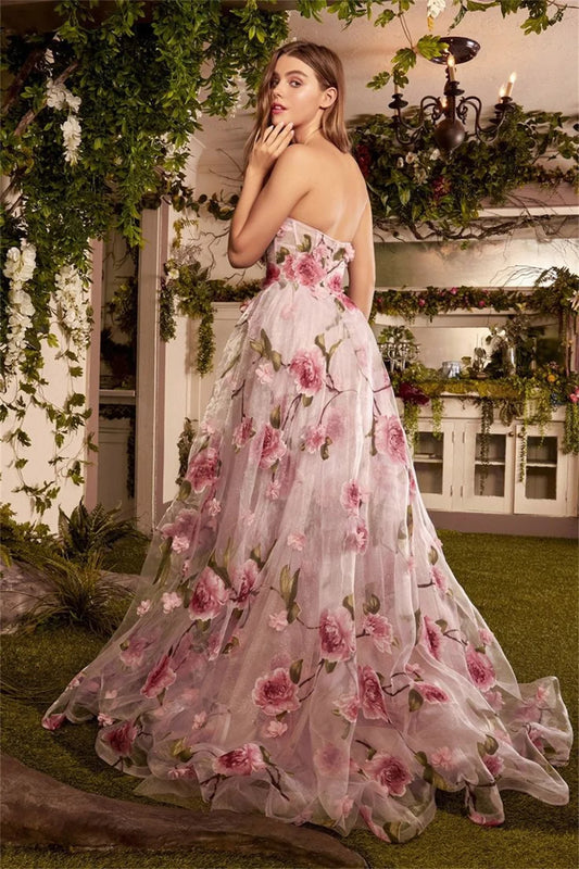 Glitter Pink Flower فساتين السهرة Sweet Strapless Vestidos De Noche Shiny Side Split Prom Dresses With 3D Flower