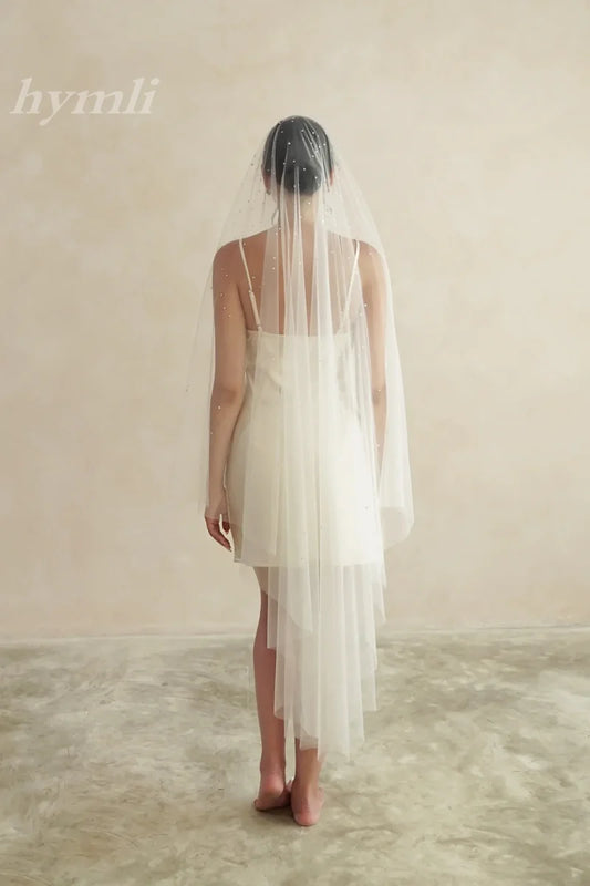 Scattered rhinestone cathedral wedding veil minimalist crystal drop veil with blusher no comb