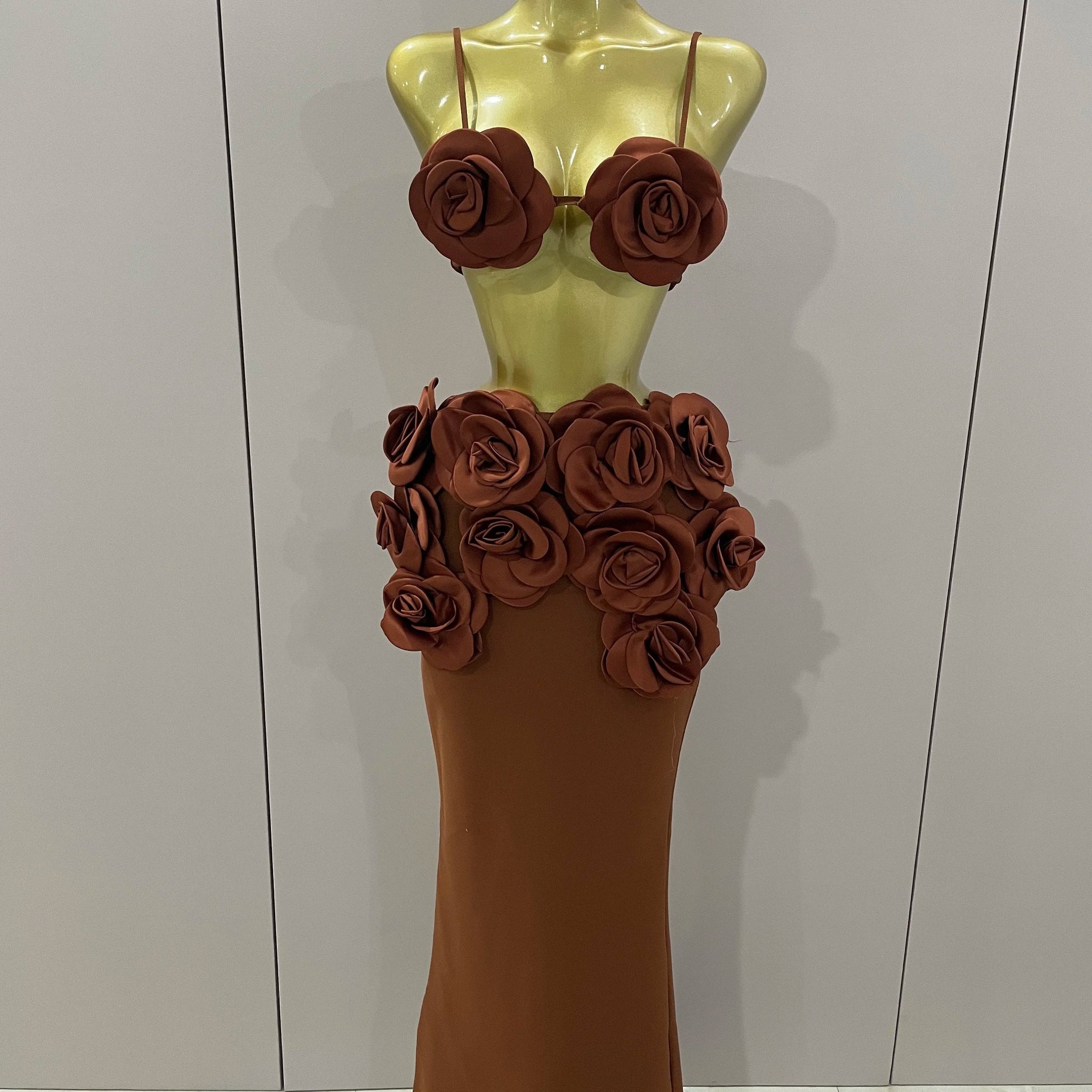 Sexy Camisole Floral Bandage Long Skirts 2-Piece Set Women Celebrity Elegant Party Cocktail Prom Gown Nightclub Outfit Dark Brown