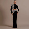 High Quality Women Long Sleeve Diamond Florals Bodycon 2 Pieces Mini Bandage Dress Celebrate Nightclub Party Birthday Dress black