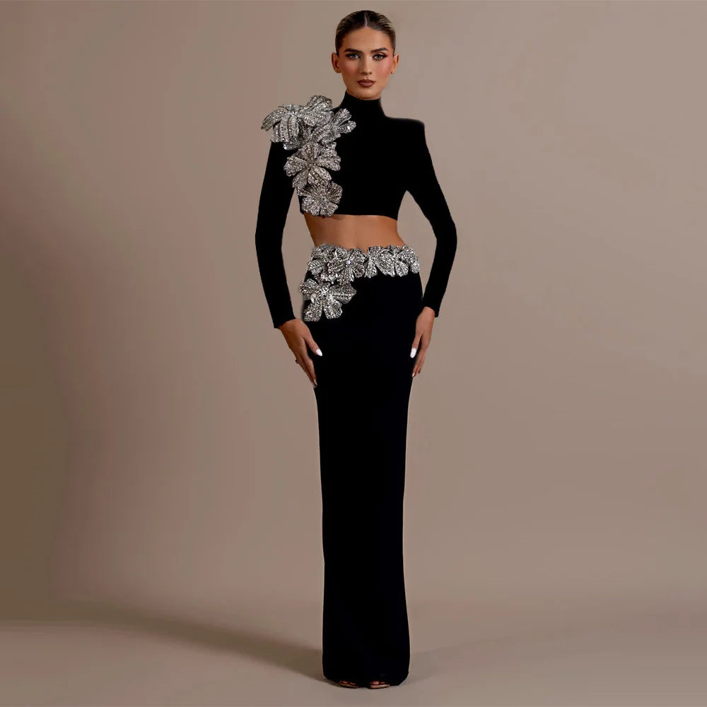 High Quality Women Long Sleeve Diamond Florals Bodycon 2 Pieces Mini Bandage Dress Celebrate Nightclub Party Birthday Dress black