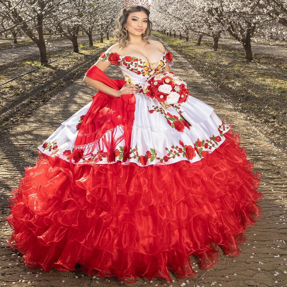 Mexican Charro Quinceanera Dresses With Flower Embroidery Off The Shoulder Corset Sweet 15 Years Ball Gown Prom Customized Red