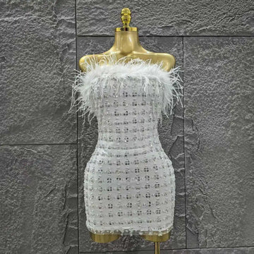 White Color Women Shinning Sequins Straples Bodycon Mini Dress Feathers Fashion Celebrate Birthday Party Cute Cocktail Dress WHITE