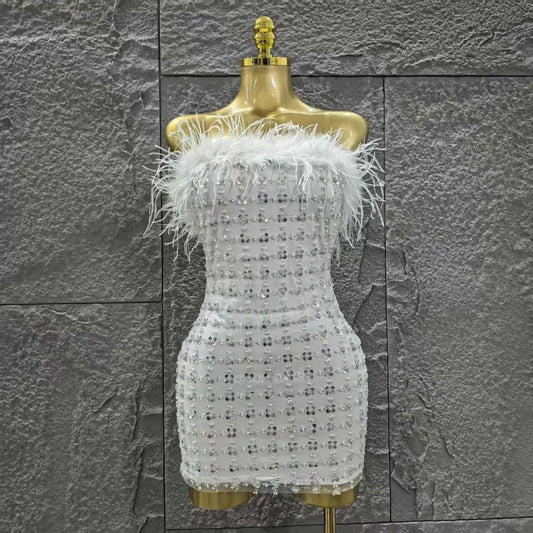 White Color Women Shinning Sequins Straples Bodycon Mini Dress Feathers Fashion Celebrate Birthday Party Cute Cocktail Dress WHITE