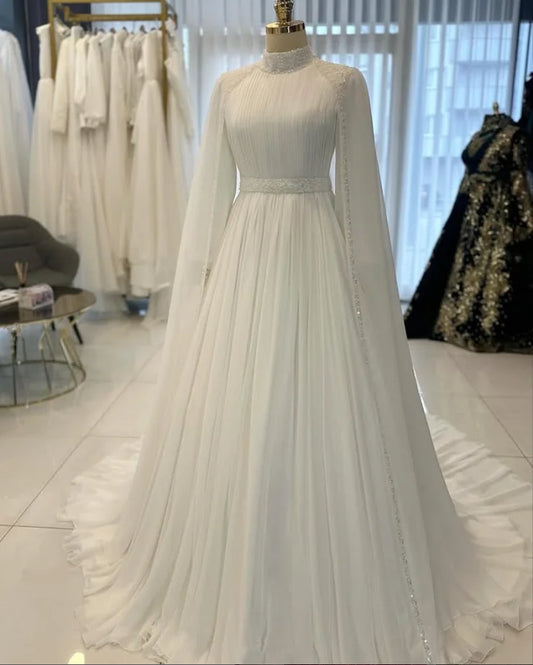 White Muslim Caftan Saudi Wedding Dresses With Cape Sparkly Crystal High Neck Kaftan Customsized Bridal Gown Garment WHITE