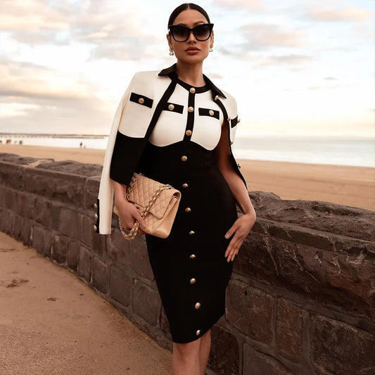 Arrivals Fashionable Women's Bandage Set Golden Buttons White Patchwork Black Coat And Sleeveless Bodycon MIini Dress
