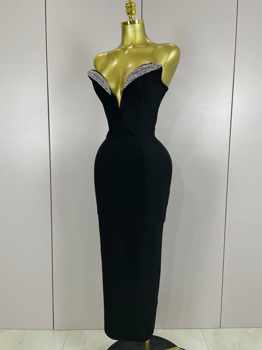 Women Sexy Strapless Sparkly Rhinestones Bodycon Bandage Long Dress Fashion Celebrate Evening Party Luxury Birthday Dresses