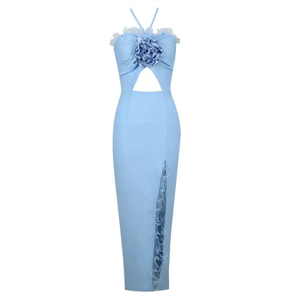 Black Skyblue Color Women Sexy Halter Off the Shoulder Bodycon Mid-calf Bandage Dress Fashion Nightclub Party Celebrate Dress