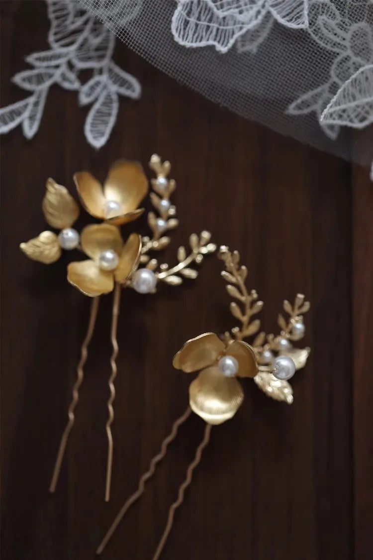 Bridal Jewelry Flower Head Pieces Pearl Hair Clip Pin For Bride Bridesmaids Women Vintage Gold Color Hairpin Wedding Accessories a