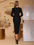 Women Autumn Sexy Long Sleeve Diamond Crystal Black Midi Bodycon Bandage Dress Elegant Party Performance Vestidos