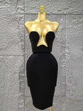 Women Sexy Strapless 2 Pieces Bodycon Rayon Bandage Midi Dress Nightclub Party Fashion Birthday Dress black