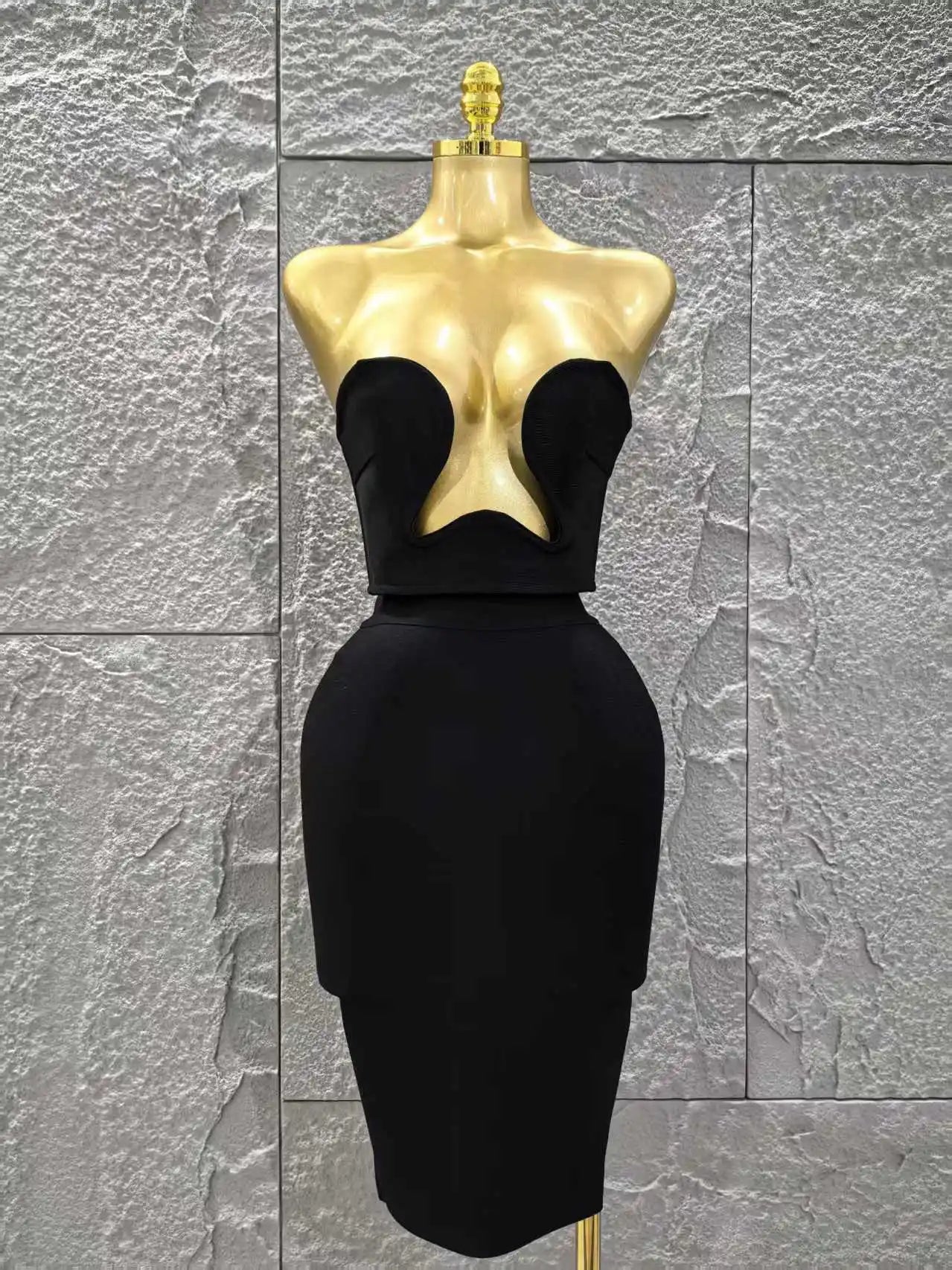 Women Sexy Strapless 2 Pieces Bodycon Rayon Bandage Midi Dress Nightclub Party Fashion Birthday Dress black