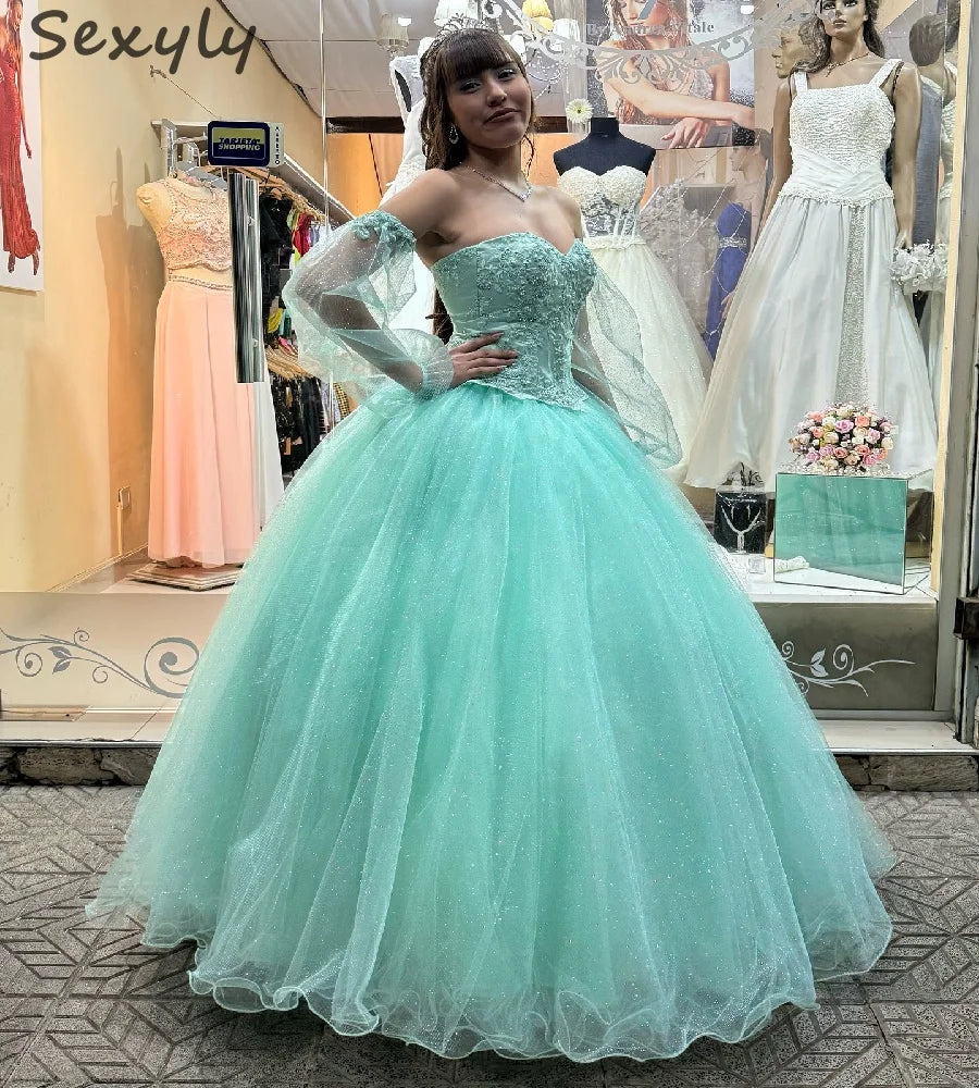 Beautiful Mint Green Quinceanera Dresses With Sleeves Elegant Lace A Line Tulle Sweet 16 Dress Pageant Formal Party Customized