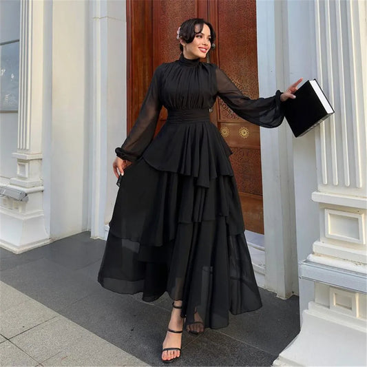 Elegant Chiffon Prom Dress A-Line High Neck Long Sleeve Ankle Length Evening Dress vestidos para eventos especiales Black