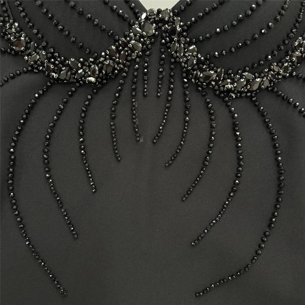 Sexy Women Three-Dimensional Rhinestone Design Bandage Dress Spaghetti Strap Sleeveless Bodycon Backless Midi Dress Vestido