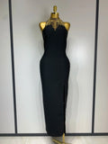 Women Fashion Celebrity Sexy Backless Beading Midi Black Bodycon Bandage Dress Elegant Evening Club Luxury Birthday Dresses black