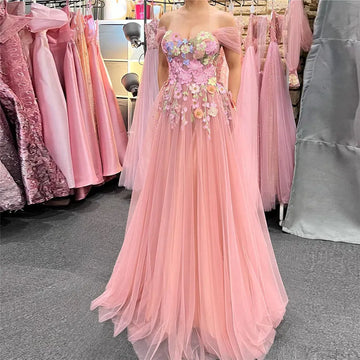 Fairy Pink Tulle Off-Shoulder Prom Dress A-Line Ruched 3D Flower Floor-Length Party Gown Pink