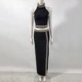 Black Army Green Bandage Two Pieces Sets Sexy Diamond Bead Halter Top Long Skirt Women Bodycon Clothing Elegant Party Sets black