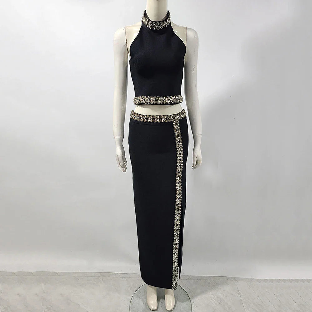 Black Army Green Bandage Two Pieces Sets Sexy Diamond Bead Halter Top Long Skirt Women Bodycon Clothing Elegant Party Sets black