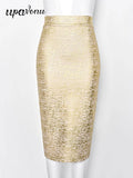 2025 Spring Women's Coated Bandage Skirt Elegant High Waist Skirt Fashionable and Versatile Slim Fit and Knee Skirt Gold