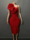 Women Sexy One Shoulder Florlas Bodycon Midi Bandage Dress Celebrate Fashion Evening Party Outfit Vestido Red