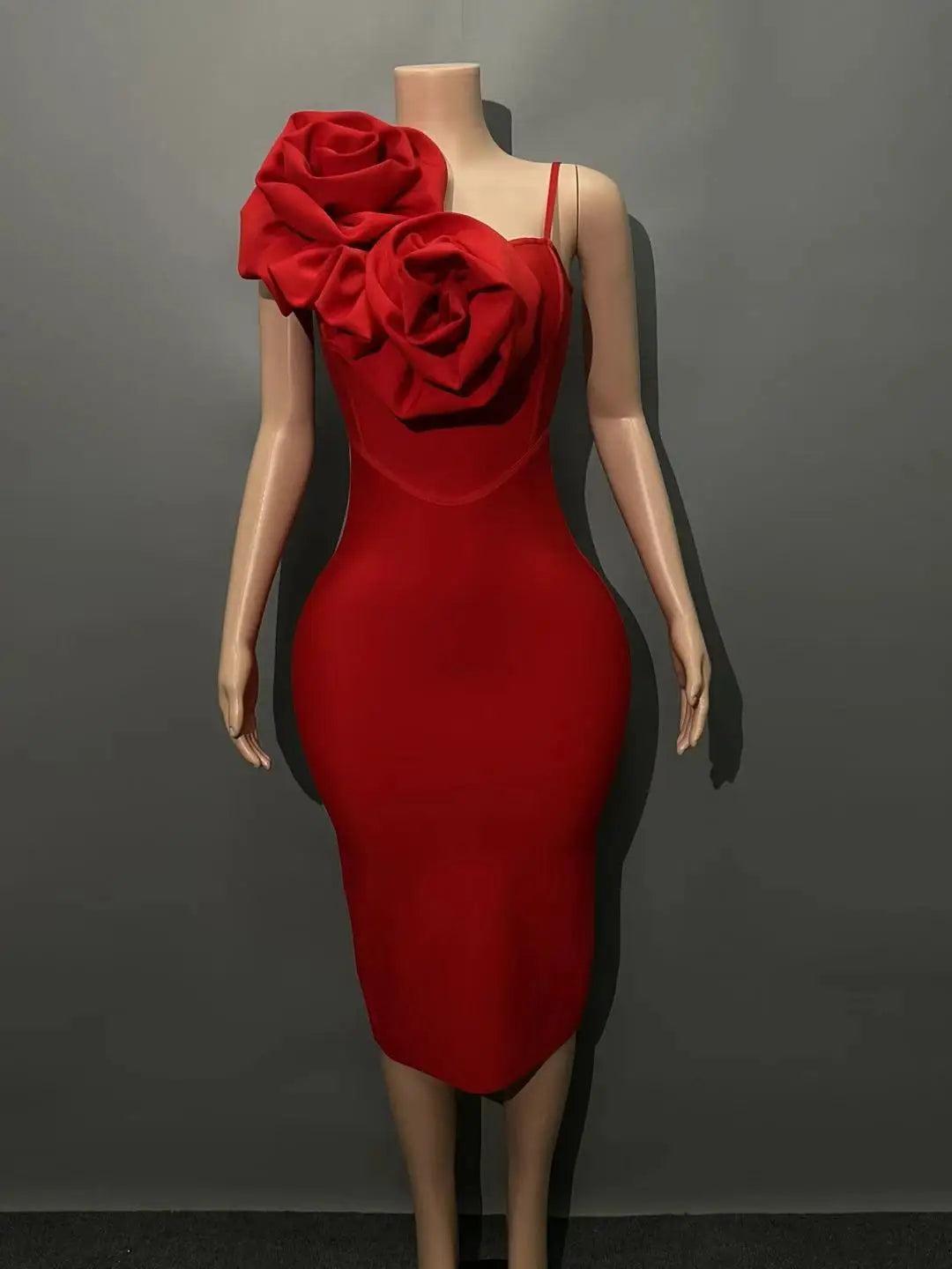 Women Sexy One Shoulder Florlas Bodycon Midi Bandage Dress Celebrate Fashion Evening Party Outfit Vestido Red